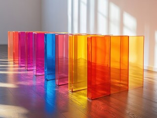 Colorful acrylic panels casting vibrant shadows on a wooden floor in a sunlit room artistic display