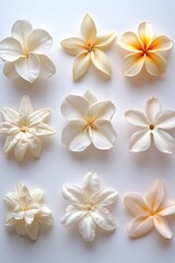 Fototapeta premium Serene arrangement of delicate white and cream plumeria blossoms on a soft white background capturing the essence of floral beauty in a minimalist style