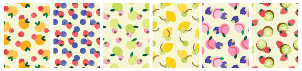 Obraz premium Collection of abstract fruit pattern. Flat design simple food background. Strawberry, lemon, peach and kiwi. Trendy design for brand design, cover, packaging, t shirt.