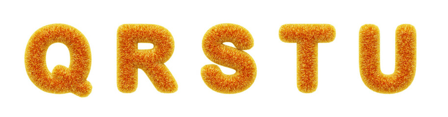 3d fur type font, fluffy alphabet letters Q, R, S, T, U with yellow orange gradient hairy texture. Furry plush and shaggy text characters. Soft fuzzy english abc, isolated render set. 3D illustration