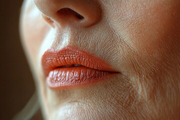 Close-up of elderly woman lips with wrinkles and engraved skin lines. Beauty skin texture detail. Copy space