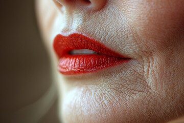 Close-up of elderly woman lips with wrinkles and engraved skin lines. Beauty skin texture detail. Copy space