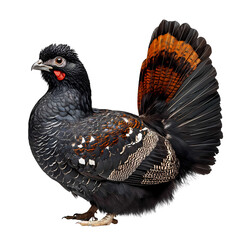 Black Grouse Displays Colorful Tail Feathers While Foraging in Wooded Area During Springtime