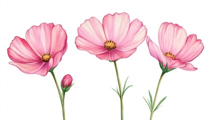 Naklejka premium Watercolor cosmos flowers, delicate pink blossoms, isolated on white. Possible use in floral design or greeting card