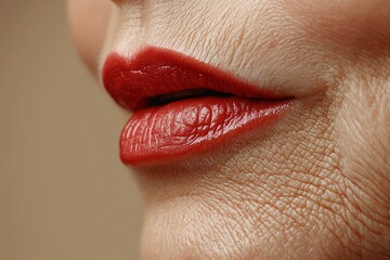Close-up of elderly woman lips with wrinkles and engraved skin lines. Beauty skin texture detail. Copy space