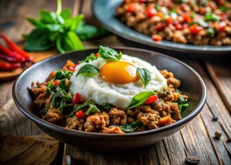 Savory stir-fried minced pork, fragrant basil, and fluffy egg create a delightful Thai dish.