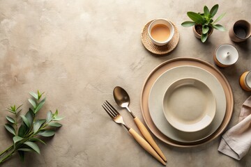 Scandinavian kitchen: minimalist beige table setting, panoramic food photography, brand template.