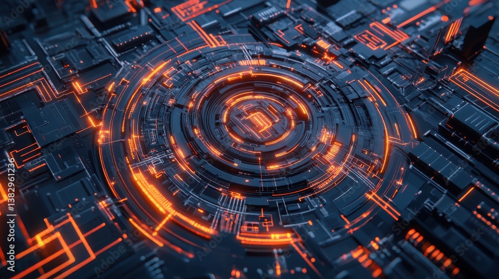 Poster A detailed futuristic digital circuit board featuring intricate lines and patterns, showcasing advanced technology and complex design.