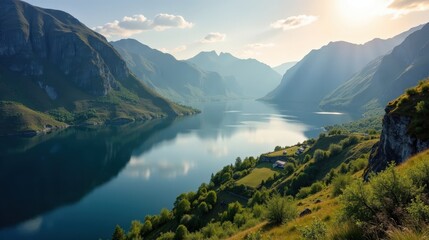 Aerial shot of Mj&oslash;sa Lake's natural shores in Norway at midday, with clear sunny skies.