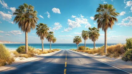 Serene coastal road lined with swaying palm trees under a bright blue sky leading to the turquoise ocean horizon creating a tranquil tropical destination