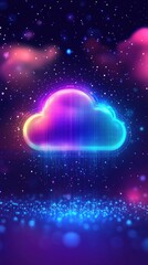 Naklejka premium Luminous Cloud Computing Icon Floating Amidst a Cosmic Galaxy of Data Streams and Digital Particles in a Neon Hued Ambiance
