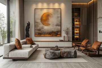 Minimalist home interior design of modern living room. Stylish cabinet near white wall with stone decorative sculpture and big art work in frame