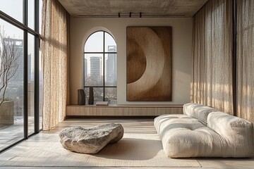 Minimalist home interior design of modern living room. Stylish cabinet near white wall with stone decorative sculpture and big art work in frame