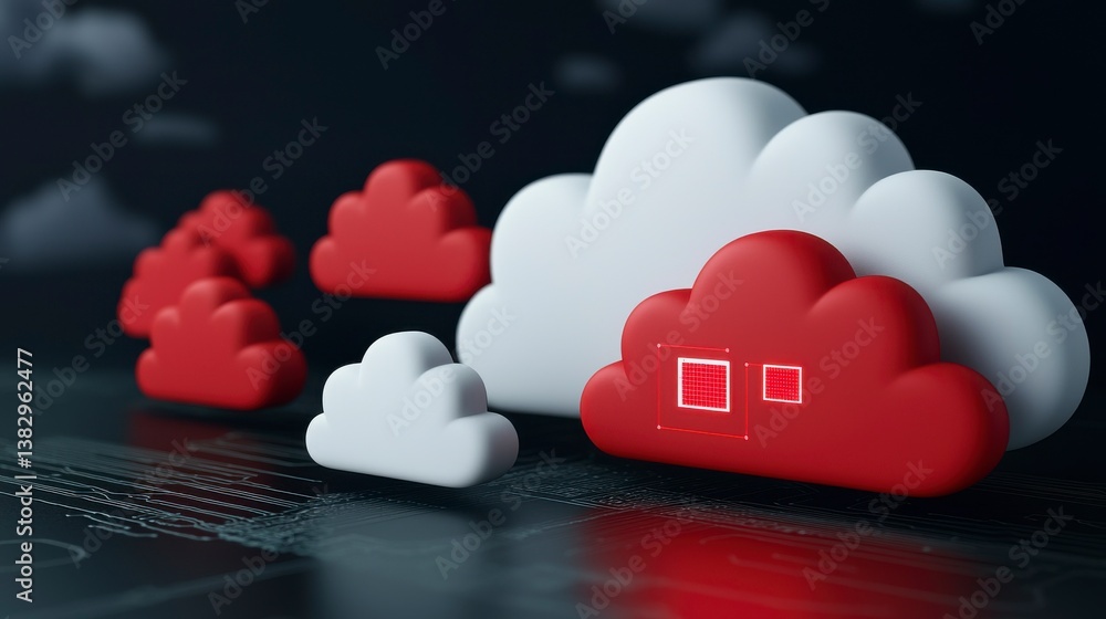 Poster modern digital cloud computing concept with red and white clouds