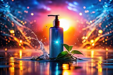 Silhouette Leave-In Conditioner Bottle, Warm Sunlight Glow, Water Splash, Neon Lights, Wide Angle
