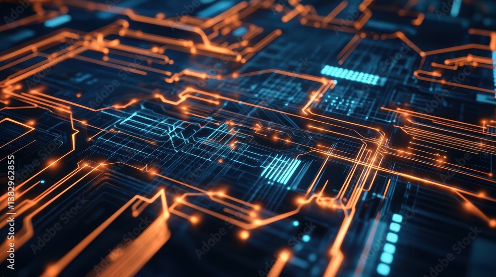 Poster A detailed futuristic digital circuit board featuring intricate lines and patterns, showcasing advanced technology and complex design.