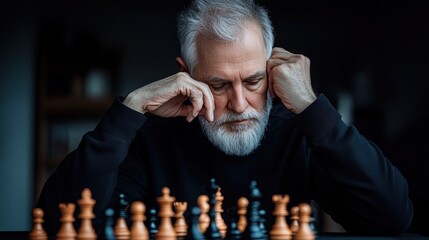Senior man thoughtfully contemplating his next chess move in a serene indoor setting