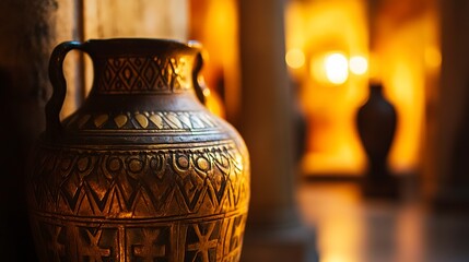 An ancient, ornately carved amphora glows with warm, golden light in a softly blurred, opulent interior.