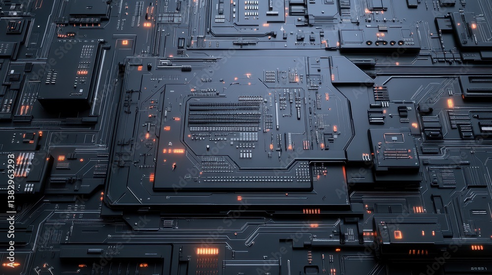Poster A detailed futuristic digital circuit board featuring intricate lines and patterns, showcasing advanced technology and complex design.