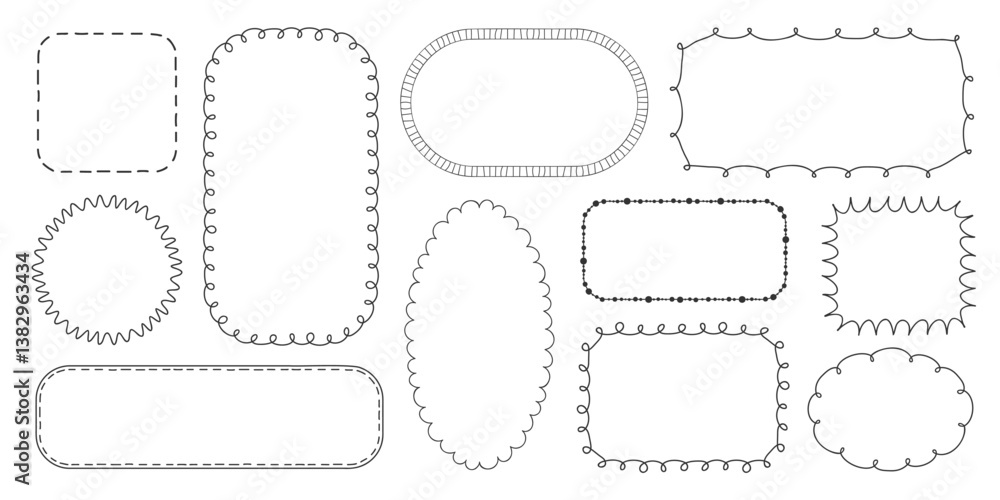 Poster set of doodle vector frames with curly spiral scalloped edges. whimsical borders in various shapes. 