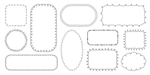 Set of Doodle vector frames with curly spiral scalloped edges. Whimsical borders in various shapes. Black line drawn frame. Great for digital art, posters, greeting cards, creative invitations 