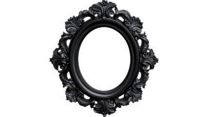 Ornate oval frame in black, elaborate details, cut out transparent