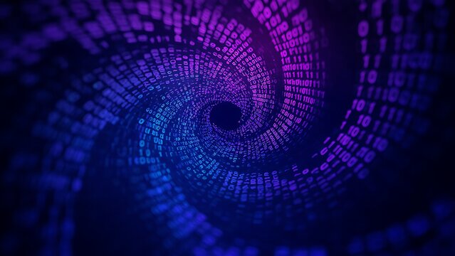Abstract digital transformation swirl with binary code elements, flowing motion, deep blue to purple gradient, corporate tech aesthetic