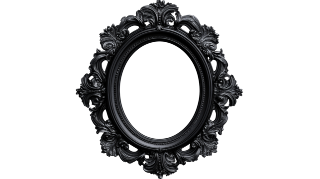Ornate oval frame in black, elaborate details, cut out transparent