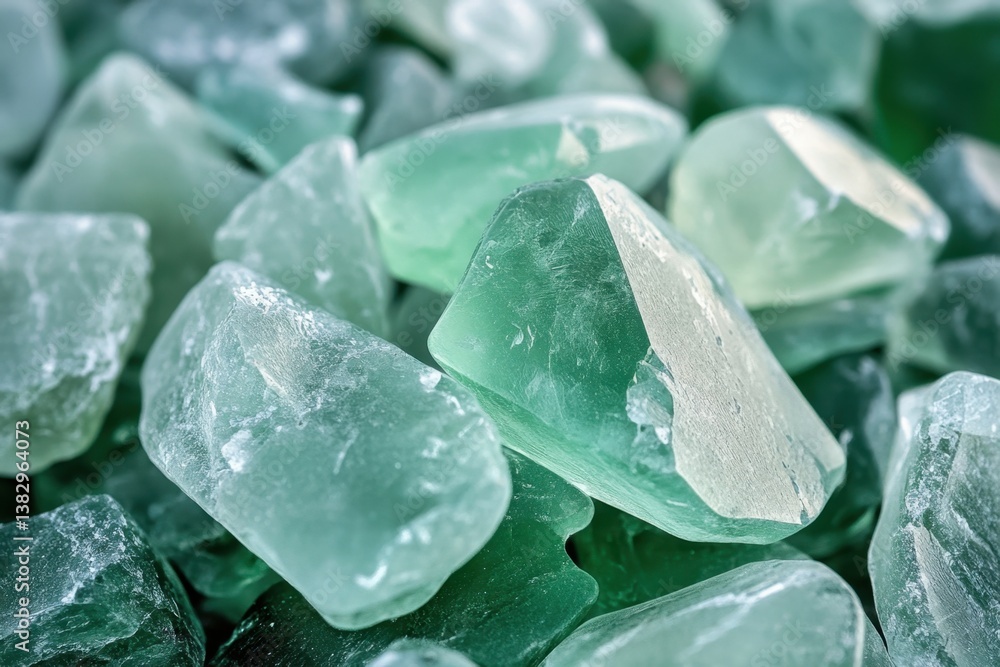 Poster captivating close up of translucent green fluorite stones with soft lighting and shallow depth of fi