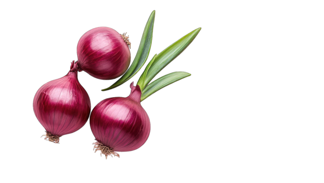 three red onions with green shoots on a soft pink background sho