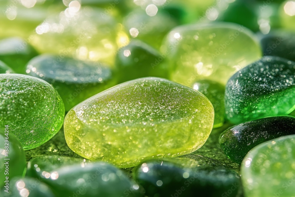 Poster serene close up of luminous green glass pebbles creating a calming and refreshing visual experience 