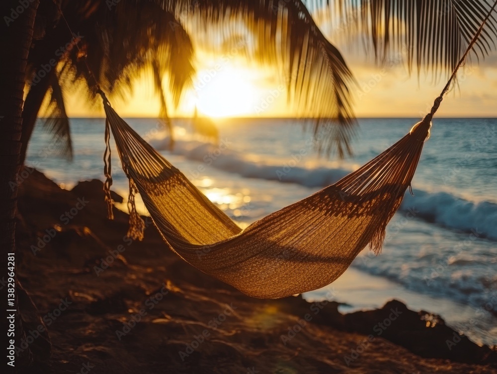 Poster serene beach escape with hammock swaying gently under palm trees at sunset creating a tranquil and r