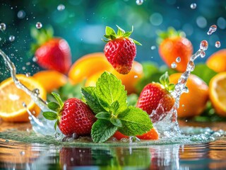 Summer fruit explodes!  Tilt-shift captures juicy strawberries, oranges, and refreshing mint.