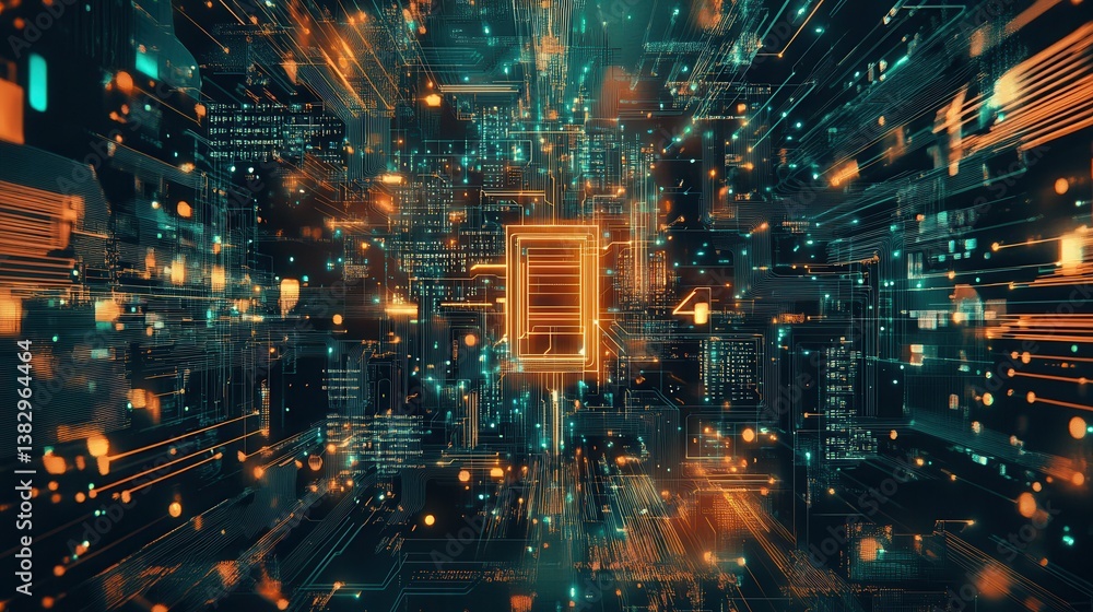 Poster A detailed futuristic digital circuit board featuring intricate lines and patterns, showcasing advanced technology and complex design.