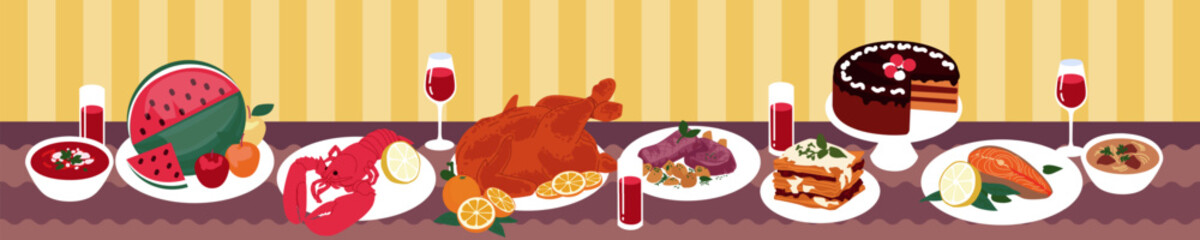 Food table Thanksgiving. Christmas dinner, feast, dish buffet, turkey, pie. Meal holiday, different party, festive plate tray. Vector cooked home eating. Cartoon flat style isolated illustration