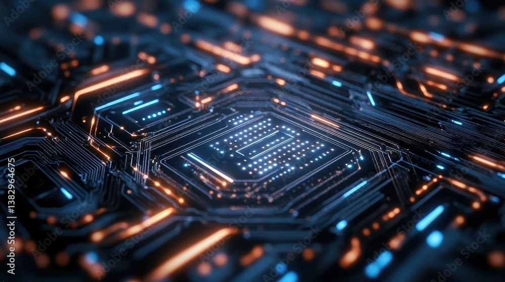 Poster a detailed futuristic digital circuit board featuring intricate lines and patterns, showcasing advan