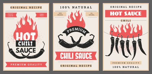 Label for hot sauce. Chili pepper. Vintage BBQ logo. Spicy seasoning cooking. Fresh red ingredient. Mexican spice stamp. Heat taste. Silhouette paprika pod. Retro design package stickers vector set