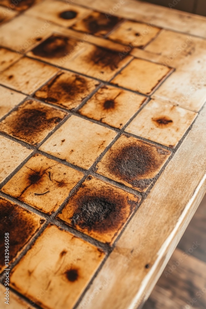 Poster distressed ceramic tile table top with unique burn patterns and aged texture creating a rustic and v