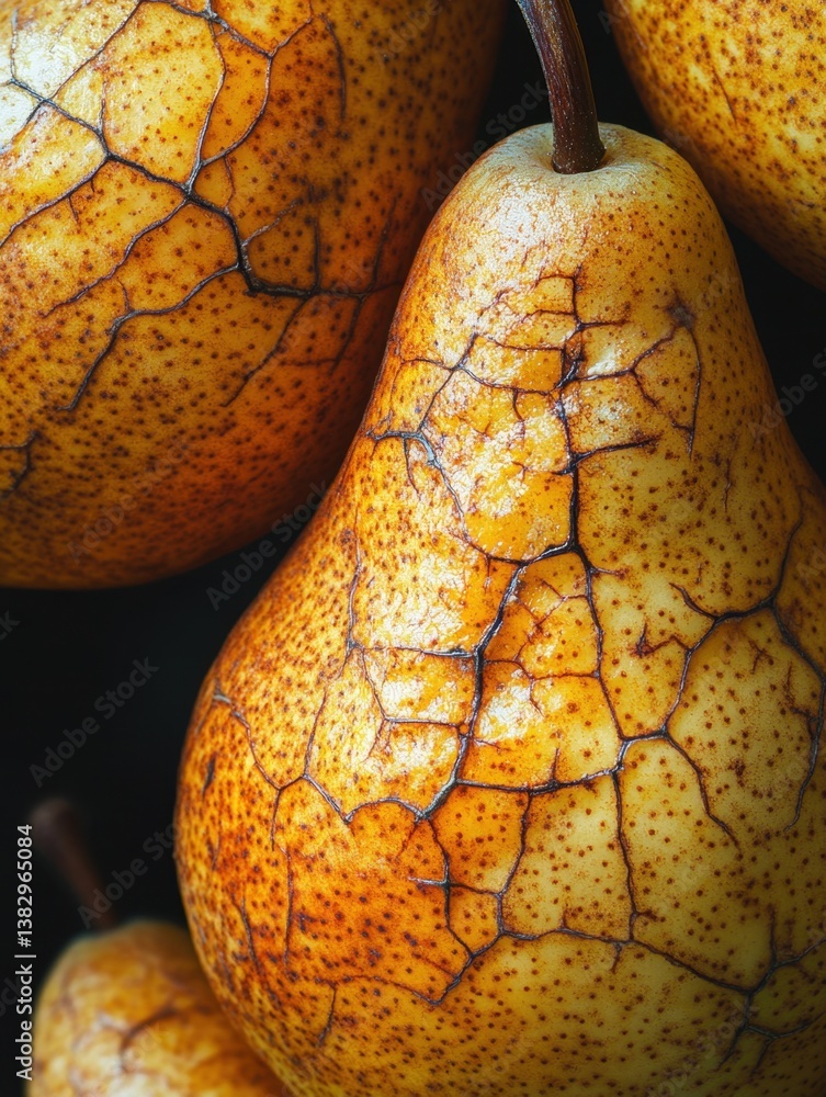 Poster close up of bosc pears with unique markings and texture on a dark background in studio lighting