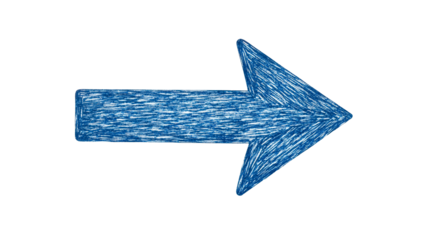 Blue sketched right direction arrow, cut out transparent