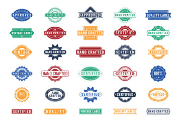 Obraz premium Stamp certify. Certificate seal. Hand crafted. Product sticker template. Grunge mark. Rectangular badge for quality guarantee. Accepted warranty safety. Vintage red tag. Vector garish retro labels set