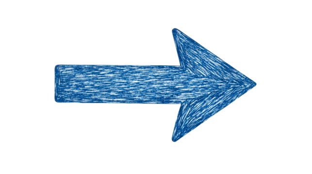 Blue sketched right direction arrow, cut out transparent