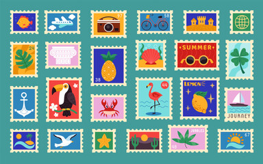 Stamp summer. Travel sticker. Postal label. Beach postcard. Retro postmark with tropical sea. Postage vacation design. Journey tour. Summertime sun. Color vintage tags set. Vector tidy illustration