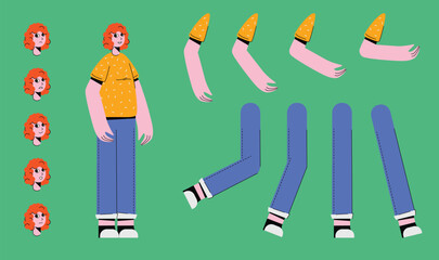 Flat style character constructor for animation. Front, Side, Back view. Separable body parts and different emotions. Simple colorful minimalistic design for advertisement, business, corporate identity