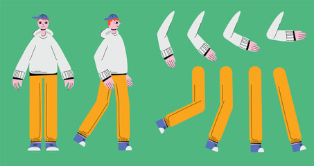 Flat style character constructor for animation. Front, Side, Back view. Separable body parts and different emotions. Simple colorful minimalistic design for advertisement, business, corporate identity