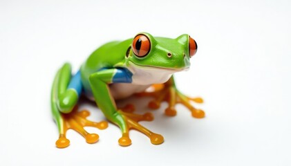 Obraz premium Green tree frog perched on white, vibrant colors, leap, white