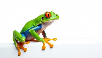 Fototapeta premium Green tree frog perched on white, vibrant colors, nature photography, isolated