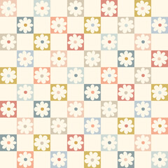 Funny checkered seamless pattern with flower in retro pastel colors. Vintage abstract floral Background. Grid texture. Template for packaging, textile, wallpaper, wrapping paper, children baby Design