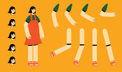 Flat style character constructor for animation. Front, Side, Back view. Separable body parts and different emotions. Simple colorful minimalistic design for advertisement, business, corporate identity