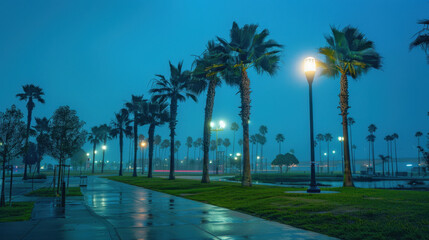 Fototapeta premium Palm trees sway softly in the evening wind, illuminated by streetlights while rain adds a tranquil atmosphere to the coastal park